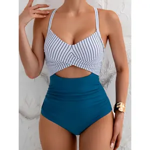 Women's Swimsuit with One Piece Covering The Belly, Slimming Effect, Contrasting Stripes, Hard Bag Gathering Swimsuit, Beach Swimsuit, Women's Swimsuit non tie bathing suit