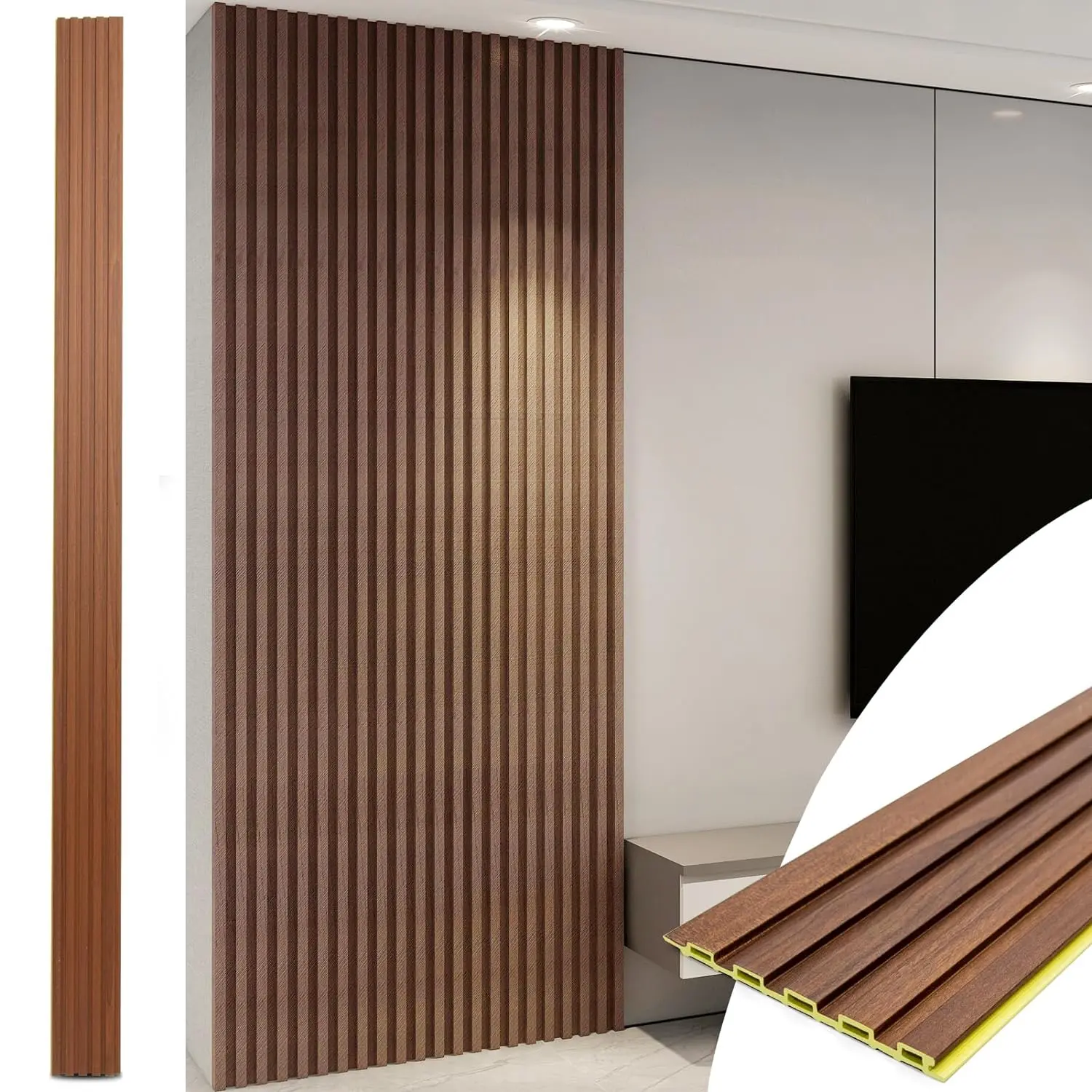 WPC Slat Wall Panels, 8-Pack 108 x 6 Inch 3D Wall Accents for Interior Wall Decor, Living Room, Bedroom, Teak