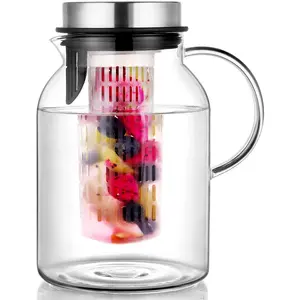 Glass Water Pitcher, Fruit Infuser Pitcher with Removable Lid, High Heat Resistance Infusion Carafe for Hot/Cold Water, Flavor-Infused Beverage & Iced Tea - 2 Qt Drinkware Jugs