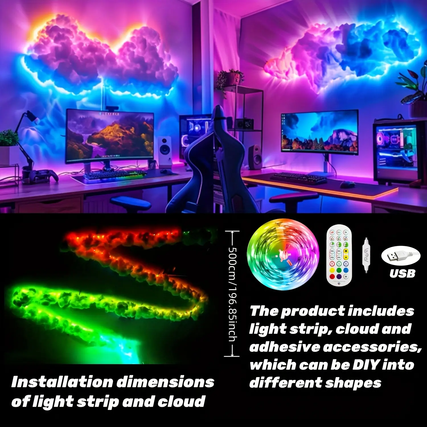 K-Cloud Light, Multicolor Lightning Changing, 3D Thundercloud LED Light Lightning Cloud Colorful Atmosphere Night Light, DIY Creative Cloud Lights For Bedroom Gaming Room Indoor, 16 Feet- 43