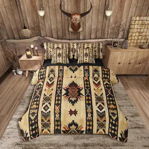 Feelyou 7-Piece Vintage Southwestern Decorative Bedding Set - Tribal Native American Indian Geometric Queen Comforter Set, Exotic Striped Bed-in-a-Bag for Vintage Style