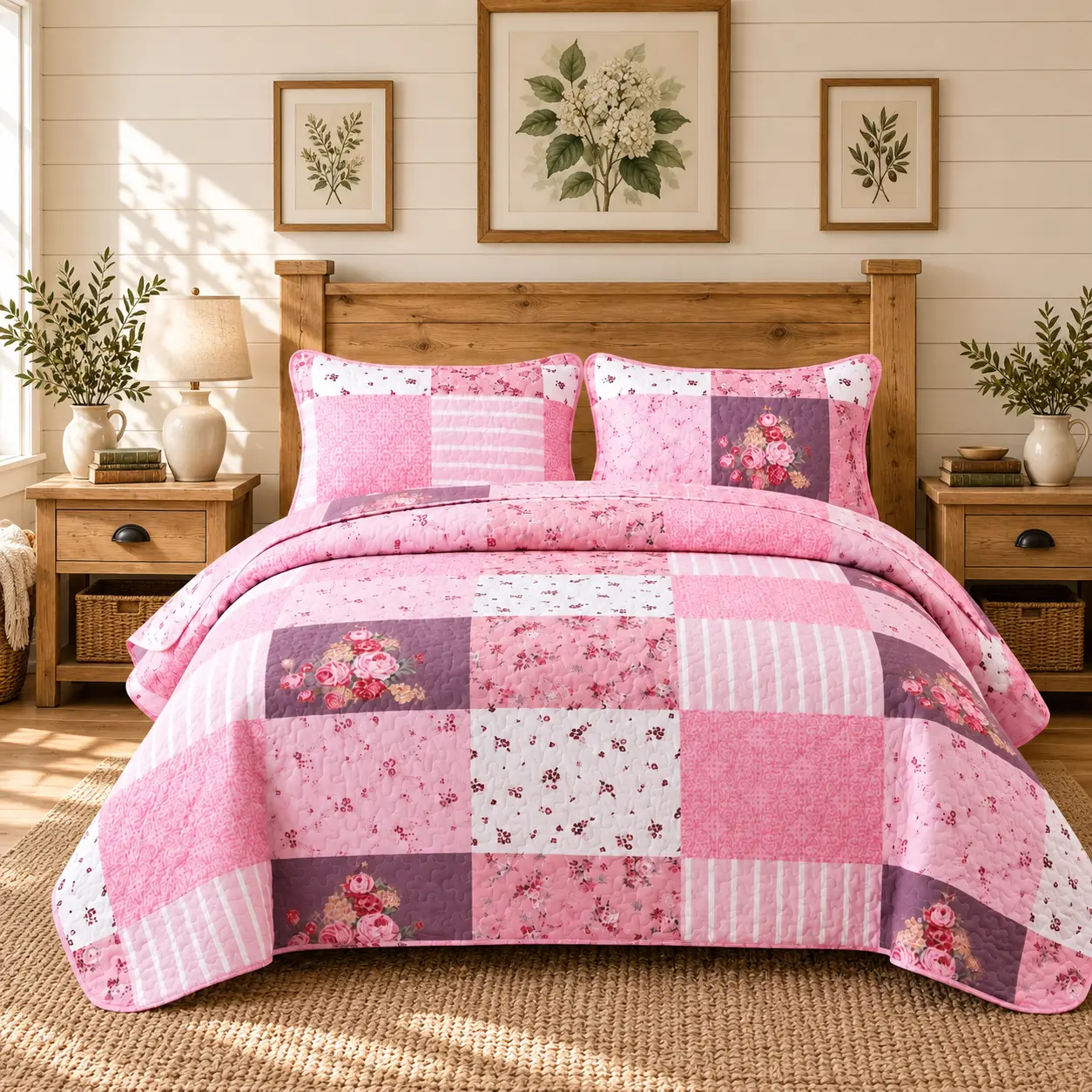 2/3 Piece Patchwork Floral Quilt Set – Reversible Lightweight Bedspread, Soft Cottagecore Farmhouse Bedding for Bedroom, Guest Room, All-Season, Machine Washable (Queen/King)