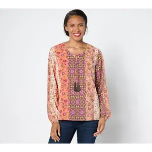 Denim & Co. Printed Long Sleeve Swing Top w/ Tassel