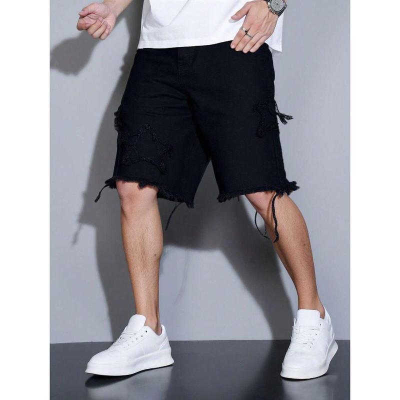 (Gold promotion)Manfinity EMRG Men's Casual Solid Color Denim Black Shorts Jorts With Frayed Hems, Men Black Cargo Shorts, Gothic Men Shorts, Mens Ripped Shorts, Men S Fashion Creative Fringe Denim Shorts