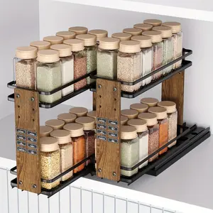 2pcs Double Tier Adjustable Height Pull Out Spice Rack For Cabinets, Rust Resistant Under Cabinet Spice Bottle Organizer, Adjustable L-Shaped Spice Rack Storage Counter, 2 Tiers, 7.2 Inch, Sliding Design, Kitchen Accessory (with Spice Label Stickers)
