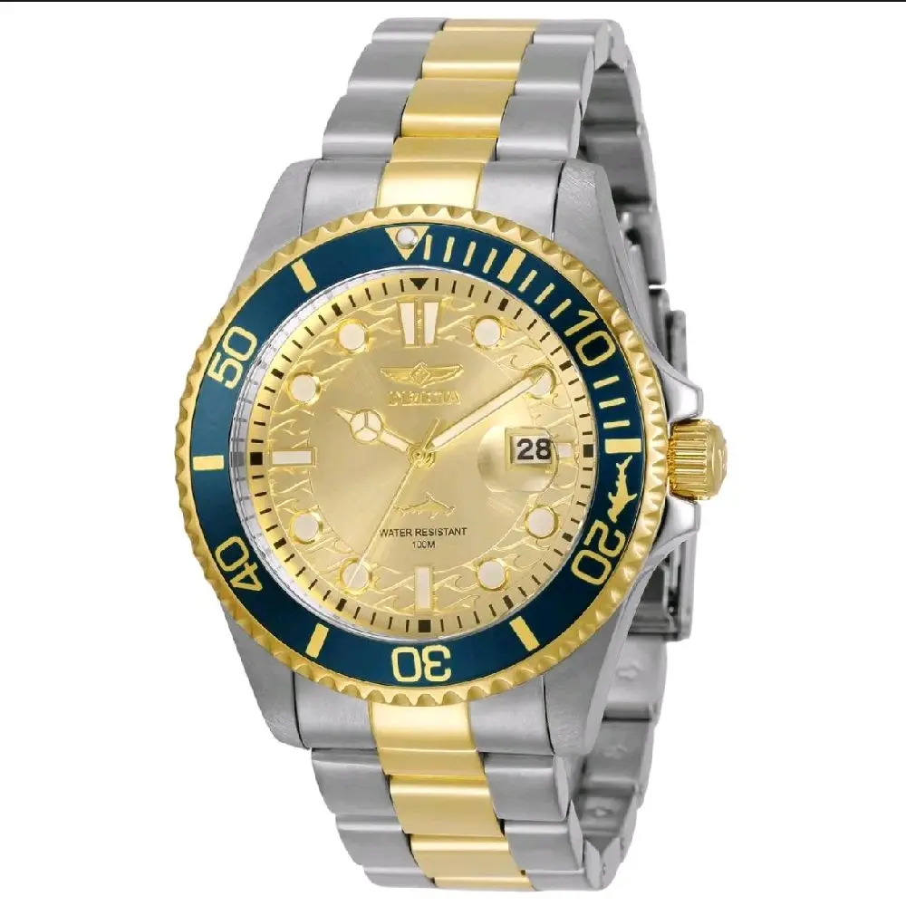 Invicta Pro Diver Men's Quartz Watch, 43mm Case, 2-Tone Blue-Gold Bezel, Date Display, 100m Water Resistance
