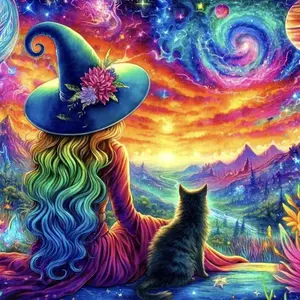 5D DIY Full Drill Round Diamond Painting - Diamond Art Painting Kit Wizard Cat Starry Sky Mosaic, Canvas - DIY Decorative Painting, Home Wall Decor, perfect for Halloween, Christmas, Independence Day, birthdays, and anniversary gifts.