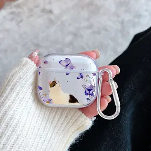 Cat in Floral Dream Pattern TPU Soft Protective Case for Apple AirPods 4/3/2/1/Pro/Pro2 Transparent Earphone Cover with Keychain Attachment