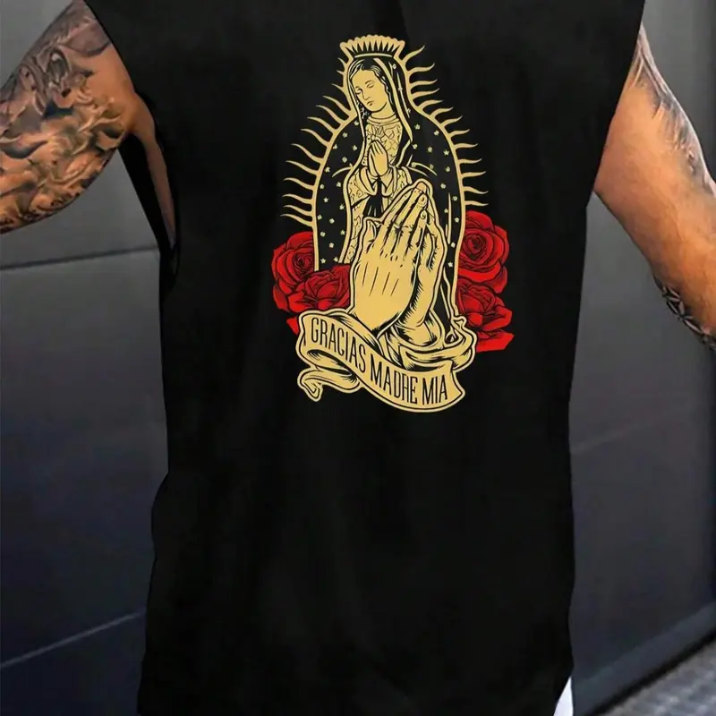 Men's Letter & Virgin Mary & Rose Print Round Neck Tank Top, Casual Printed Regular Fit Casual Aesthetic Sleeveless Floral Graphic Vest for Summer, Menswear Fashion Men's Top for Daily Wear