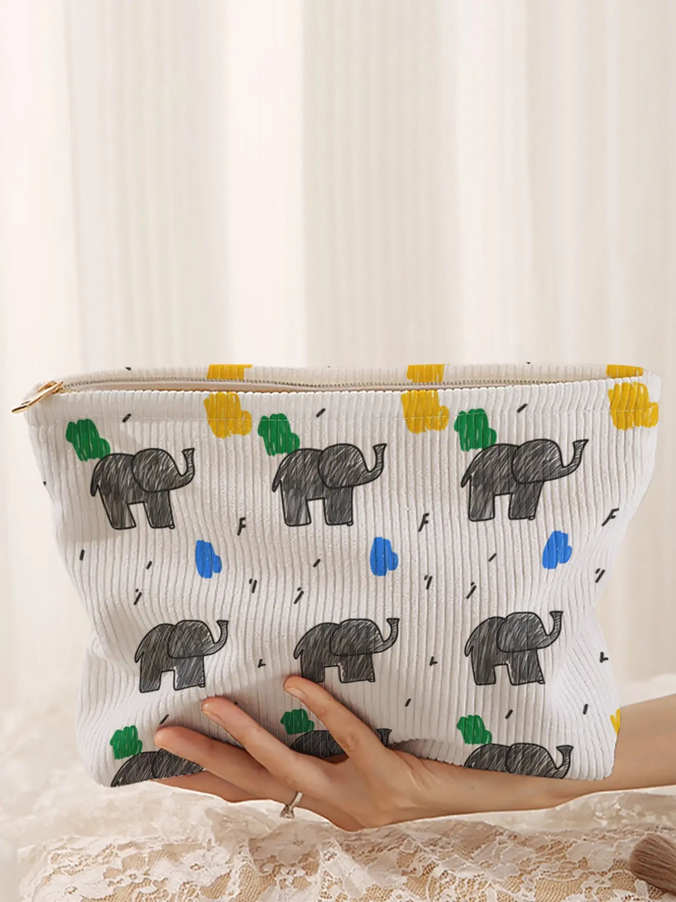 Elephant Printed Corduroy Makeup Bag, Cartoon Style, Cute Lightweight Multi-Functional Fashion Casual Cosmetic Bag, Travel Organizer