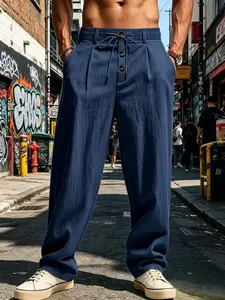 Men's Linen Wide Leg Pants, Elastic Waist Drawstring, Casual Long Trousers, Comfortable and Stylish, Perfect for Daily Wear