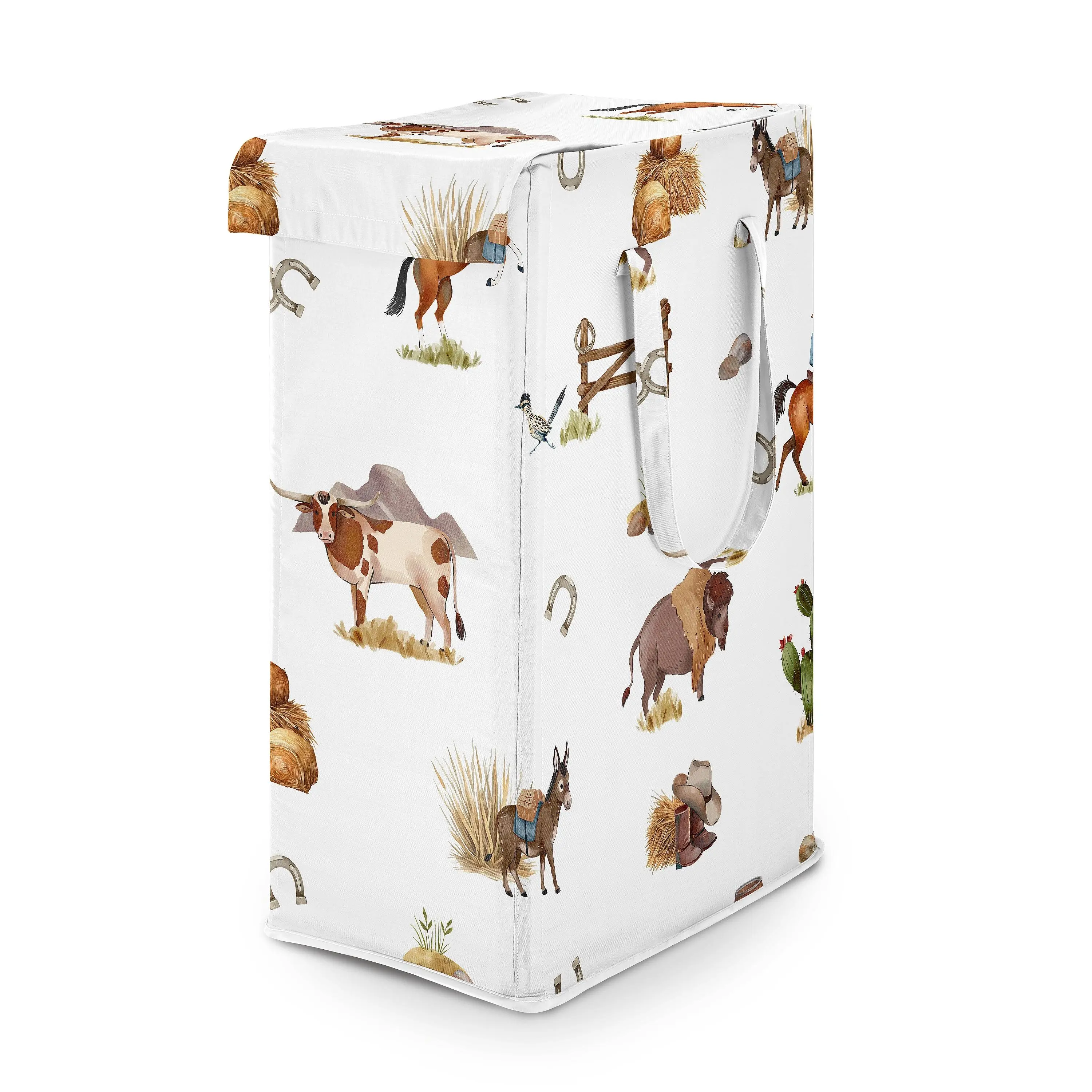 Sweet Jojo Designs Laundry Hamper (Western Cowboy) for Boys, Foldable Dirty Clothes Basket with Handles for Baby Nursery, Kids Bedroom, Teen Bathroom (Wild West, Southern Charm, Country, South, Horse)
