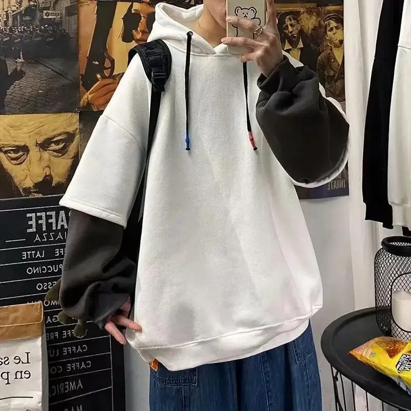 Fake Two Pieces Sweatshirt Men's Hooded Autumn Winter Korean Fashion Ins Hip Hop Top Oversize Street Coats Harajuku Men Clothing