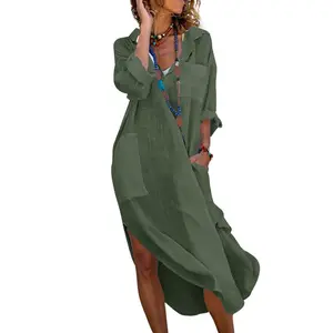utcoco Womens Casual Loose Long Shirt Dress Side Split Dresses with Pockets