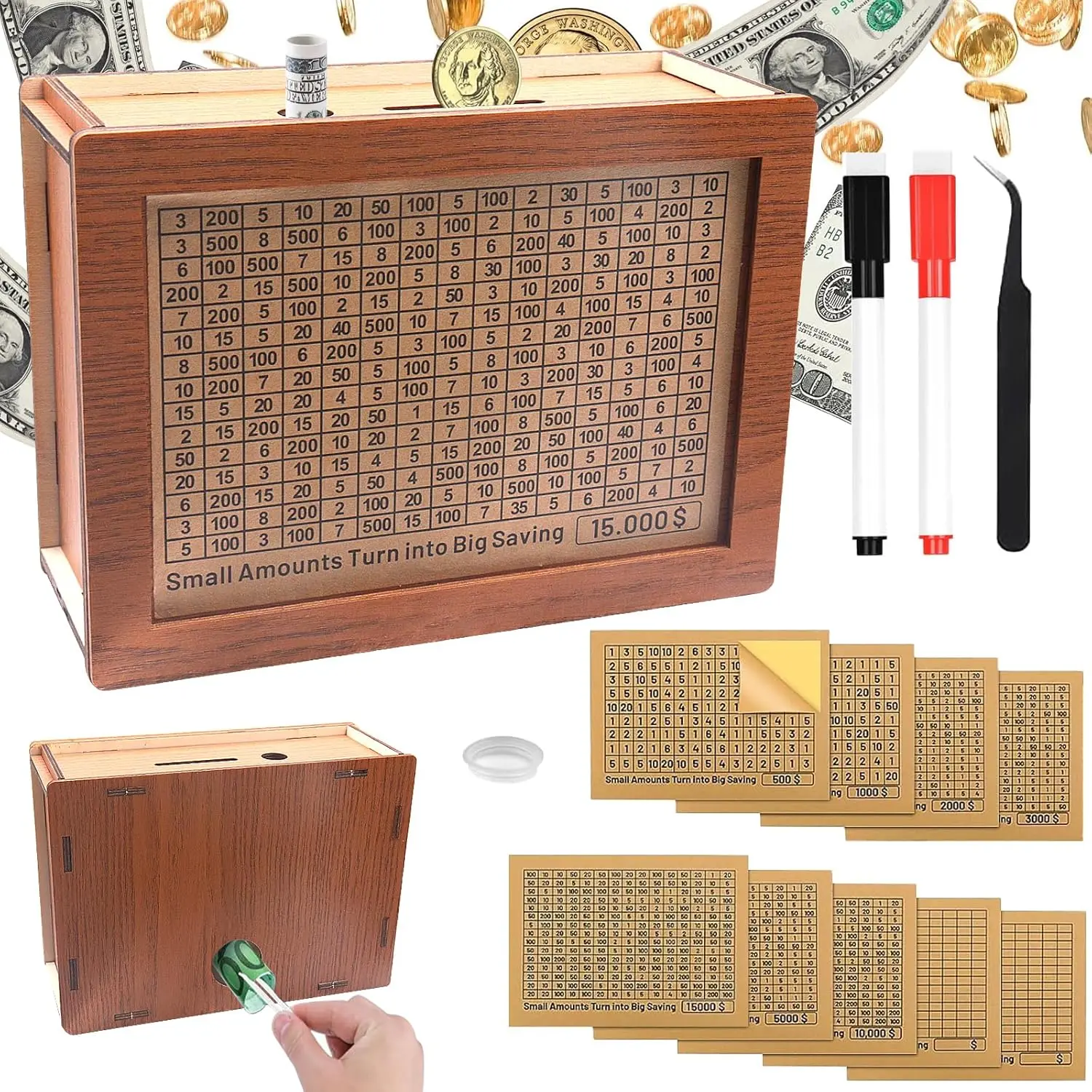 [New Deal] - Money Saving Box with 2 Blank Savings Tracker, Cash Vault Wooden Savings Box, 10,000 Dollar, Cash Saver Box for Money Management Decor Piggy Ornaments