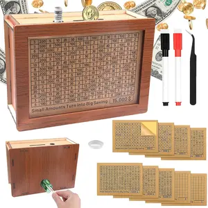 [New Deal] - Money Saving Box with 2 Blank Savings Tracker, Cash Vault Wooden Savings Box, 10,000 Dollar, Cash Saver Box for Money Management Decor Piggy Ornaments