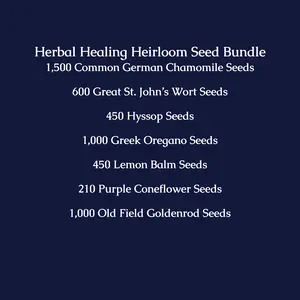 Heirloom Healing Herb Seed Bundle - 1500 German Chamomile, 600 St John's Wort, 450 Hyssop, 1000 Greek Oregano, 450 Lemon Balm, 210 Coneflower, 1000 Goldenrod Seeds