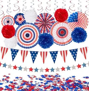 29PCS 4th/Fourth of July Patriotic Decorations Set - Red White Blue Paper Fans,USA Flag Pennant,Star Streamer,Pom Poms,Hanging Swirls Party Decor Supplies