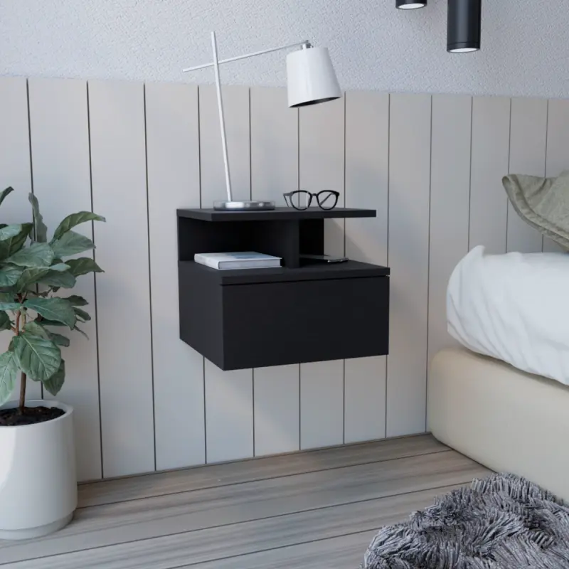 Adele Floating Nightstand End Table Side Table Drawer Open Top Shelves -Black