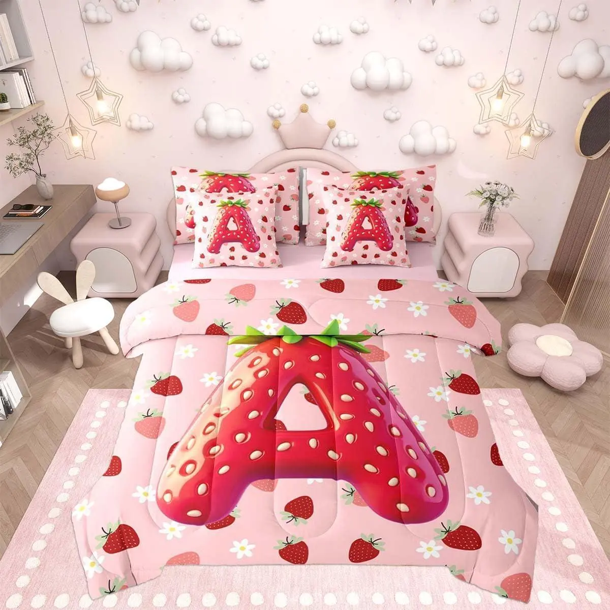 Pink Red Strawberry Comforter Set with Sheets 7 Piece Initial Letter A Bedding Set Princess Strawberry Bed in a Bag Room Decor Soft Lightweight Microfiber