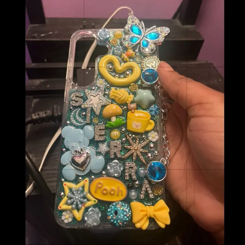 Blue Butterfly Y2K Charm Phone Case with Pooh Design and Glitter Details