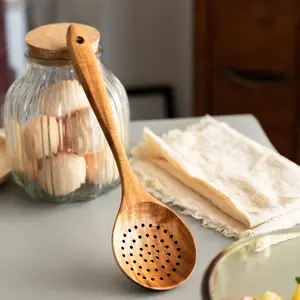 Wooden Cooking Utensil, Teak Slotted Spoon for Cooking, Natural Wood Colander Ladle Spoon with Holes, Long Handle Teak Skimmer Strainer Spoon with Teeth for Straining Draining Egg Meat Noodles (11x3.15in)