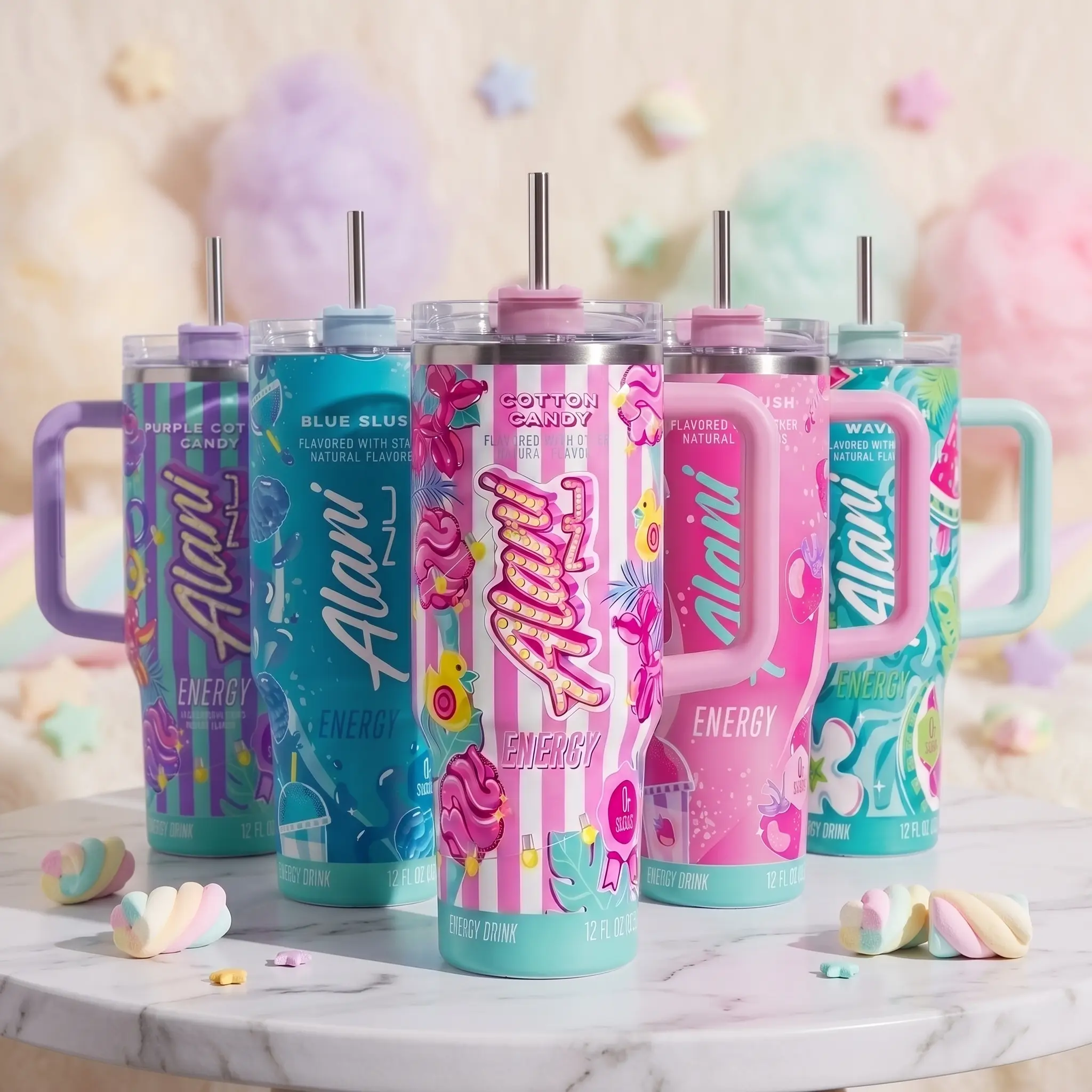 Alani Nu Full Color Tumbler With Handle - Cotton Candy Energy Drink for Extreme Sports Athlete - Watermelon Wave, Strawberry Sunrise, Insulated Travel Mug With Straw Lid Portable Water Bottles Drinkware