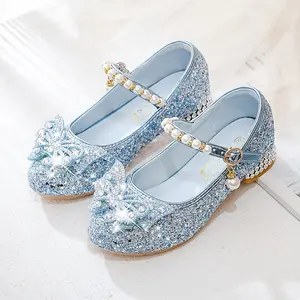Girls' Sparkling Glitter High-Heel Party Shoes with Butterfly & Floral Accents, Pearl Buckle Closure - Light Blue, Pink, White & Silver Princess Dress Shoes for Spring/Summer Events, Shoes for Girls, Summer Footwear, Star Pattern Design, Durable Tpr Sole