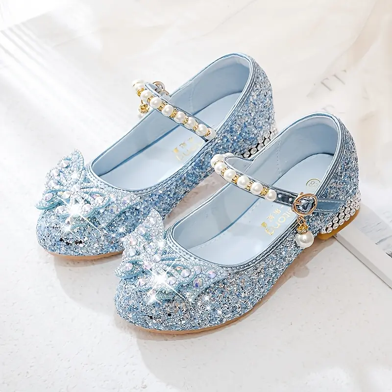 Girls' Sparkling Glitter High-Heel Party Shoes with Butterfly & Floral Accents, Pearl Buckle Closure - Light Girls' Sparkling Glitter High-Heel Party Shoes with Butterfly & Floral Accents, Pearl Buckle Closure - Light