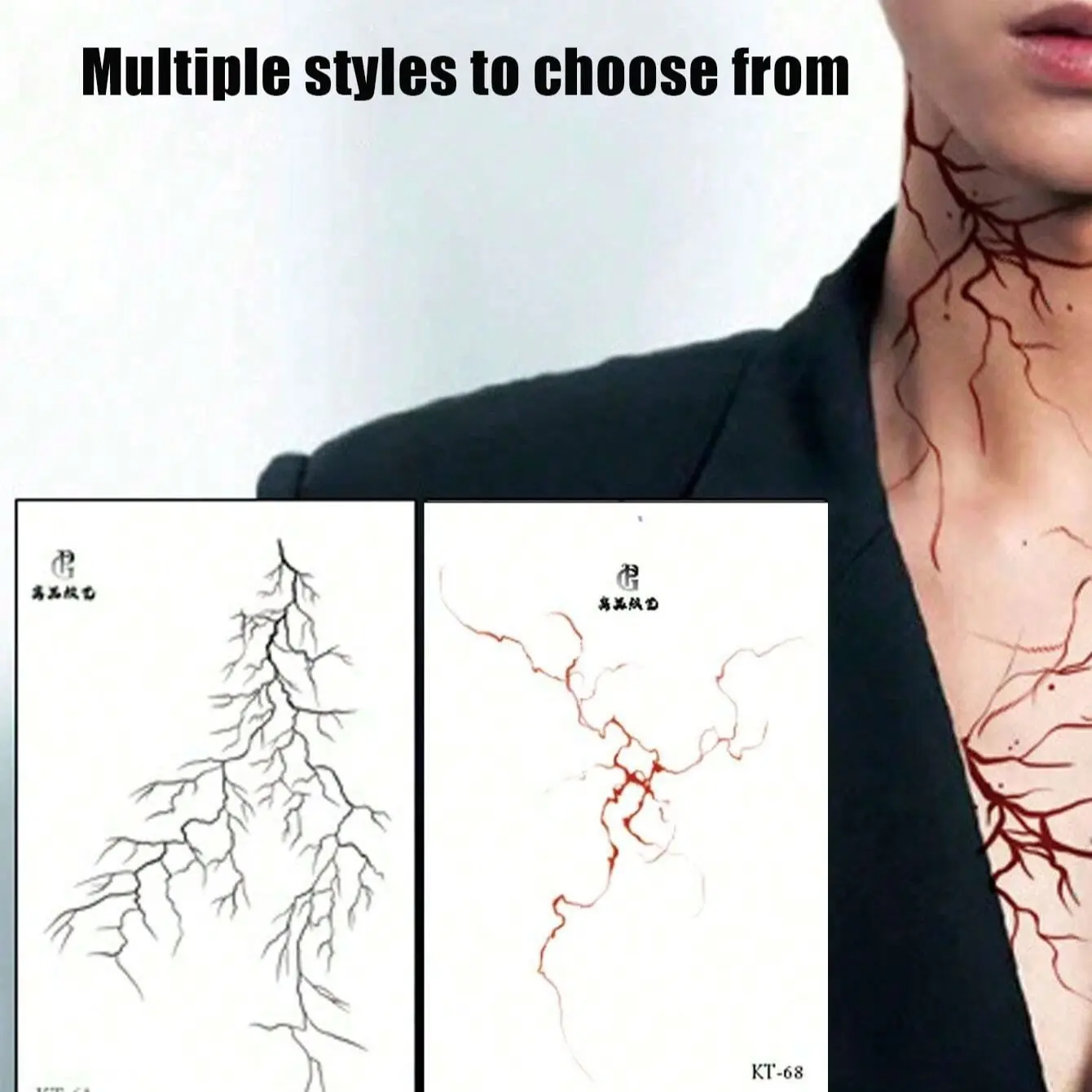 Temporary Tattoo Stickers, Bloodline, Gothic Lightning Pattern, Horror Face, Waterproof Sweatproof, Unisex, Party Festival Photography Stage Performance Body Paint