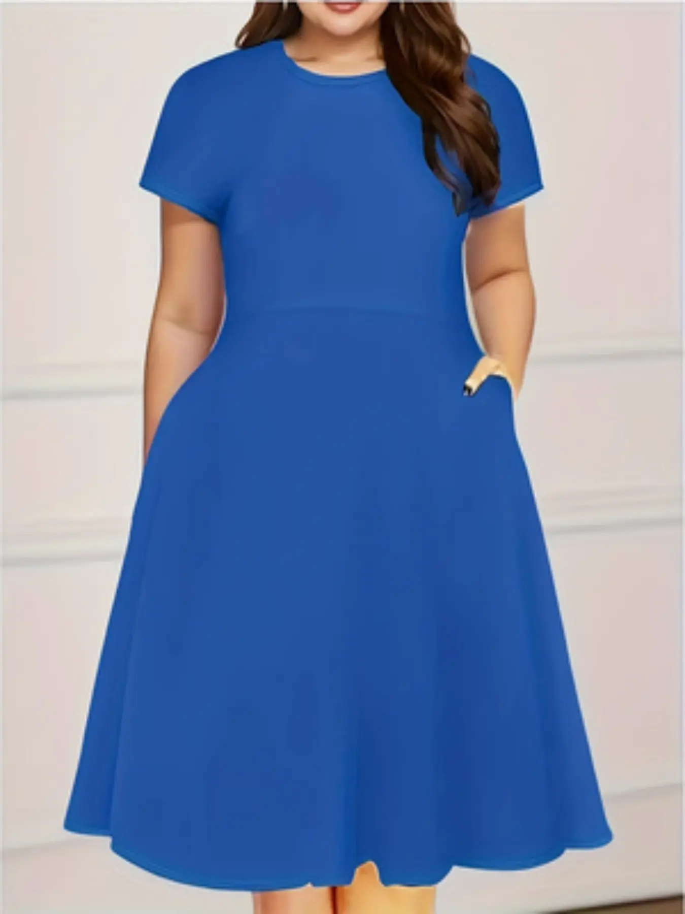 New Summer Autumn Women's Large Size Fit Solid Color Dress, Round Neck Pocket Short Sleeve Midi Dress, Casual Fashionable Everyday Daily Wear, Lady Womenswear
