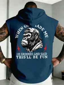 Men's "When God Made Me" Gorilla Graphic Sleeveless Hoodie, Funny Quote Gym Streetwear Tank Top, Casual Workout Fitness Vest #GorillaGraphicHoodie #FunnyQuoteVest #GymStreetwearTank #AttitudePrintTop #TikTokMadeMeBuyIt