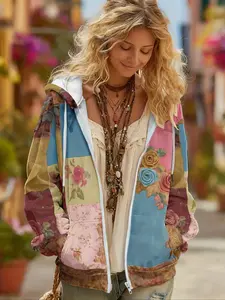 Women's Fall Winter Vintage Bohemian Floral Print Hooded Cardigan, Casual Color Block Patchwork Women's Jacket, Daily Wear