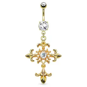 Fleur de Lis Cross Belly Ring - Surgical Steel 14 Gauge Hypoallergenic Bar Length 10mm Body Jewelry