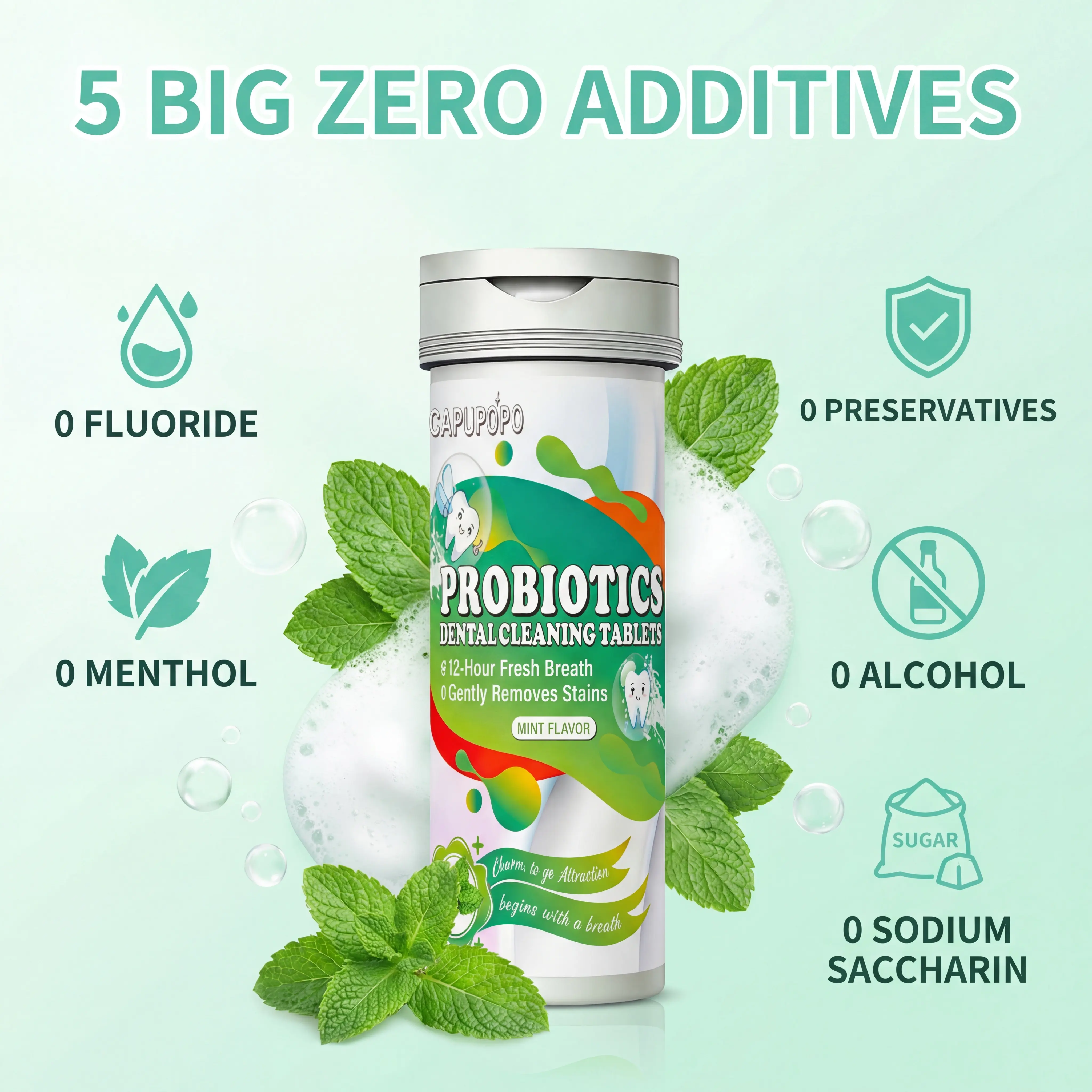 CAPUPOPO Probiotic Travel Size Foam Oral Mouthwash Tablets - Nano Hydroxyapatite, Pearl Powder, Xanthan Gum, Plaque Remover, Oral Care Mint, Peach, Teeth Stain Removal & Brightening, Fluoride-Free Adult Smile Care, Eco-Friendly Solid, Cleansing
