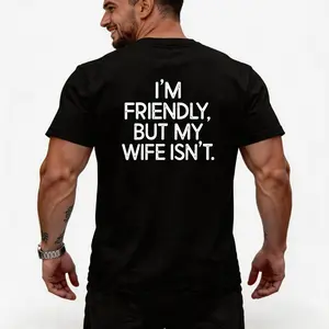 Unisex Oversized Round Neck Short-Sleeve Tshirt - Retro 90s Vintage Grunge Streetwear, "I'm Friendly But My Wife Isn't" Funny Warning Print, Torrid Sizes Sporty Sports Tops for Casual Wear