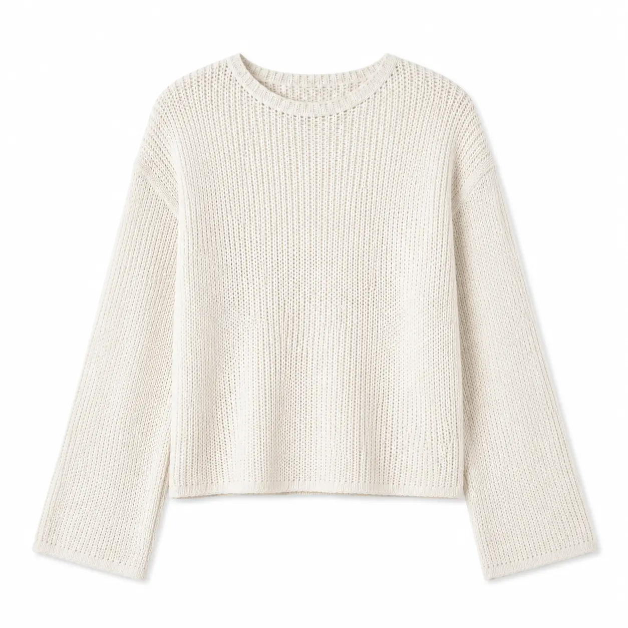 Women’s Ivory Open-Knit Sweater, Crew Neck Long Bell Sleeve Crochet-Look Pullover, Lightweight Boho Beach Cover-Up for Vacation & Resort