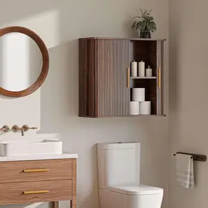 29.5" W Bathroom Wall Cabinet, Laundry Room Cabinets Wall Mounted with Sliding Tambour Door, Kitchen Wall Cabinet, Floating Cabinet for Wall, Upper Cabinets, Brown Walnut