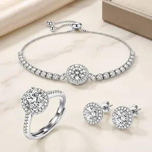 3PC Adjustable Halo Cubic Zirconia (CZ) Jewelry Set for Women - Platinum Plated Alloy Collection - Bolo Bracelet (2CT), Solitaire Ring (1CT), & Stud Earrings (1CT). Ideal Gift for Her / Mom for Mother's Day
