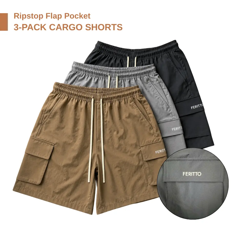 Pack 3 Men's Cargo Shorts 7 Inch Inseam – Lightweight Ripstop Elastic Waist Drawstring, Flap Pockets, 3 Colors Black Gray Brown for Hiking Gym Running Fishing Travel Casual Summer Wear