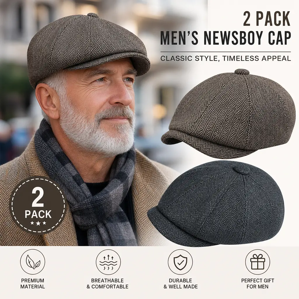 Newsboy Cap for Men – Irish Newsies Hat Classic 8 Panel Wool Blend, Vintage Cabbie Driving Hat for Old Man, Flat Cap for Outdoor Golf Walking Daily Wear