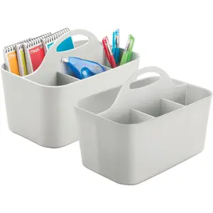 Plastic Small Office Storage Organizer Utility Tote Caddy with Handle for Cabinets, Desks, Workspaces - Holds Desktop Office Supplies, Pencils, Staplers Lumiere Collection, 2 Pack, Light Gray
