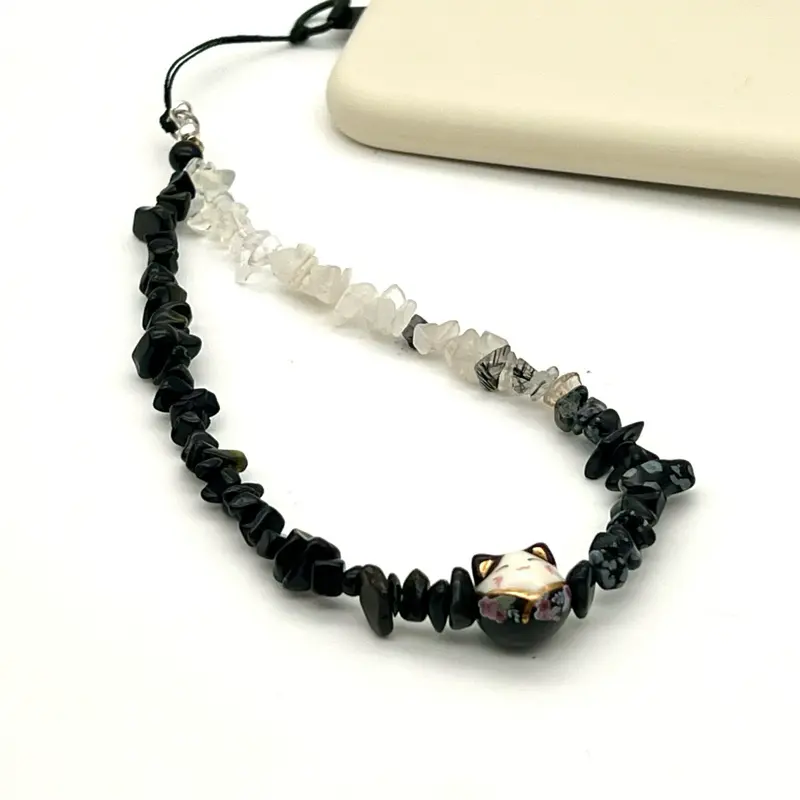 Lucky Cat Obsidian Protection Charm Maneki Neko Phone Strap Healing Crystals Gemstone Beaded Phone Charm for Luck and Healing Cellphone Smartphone Protective