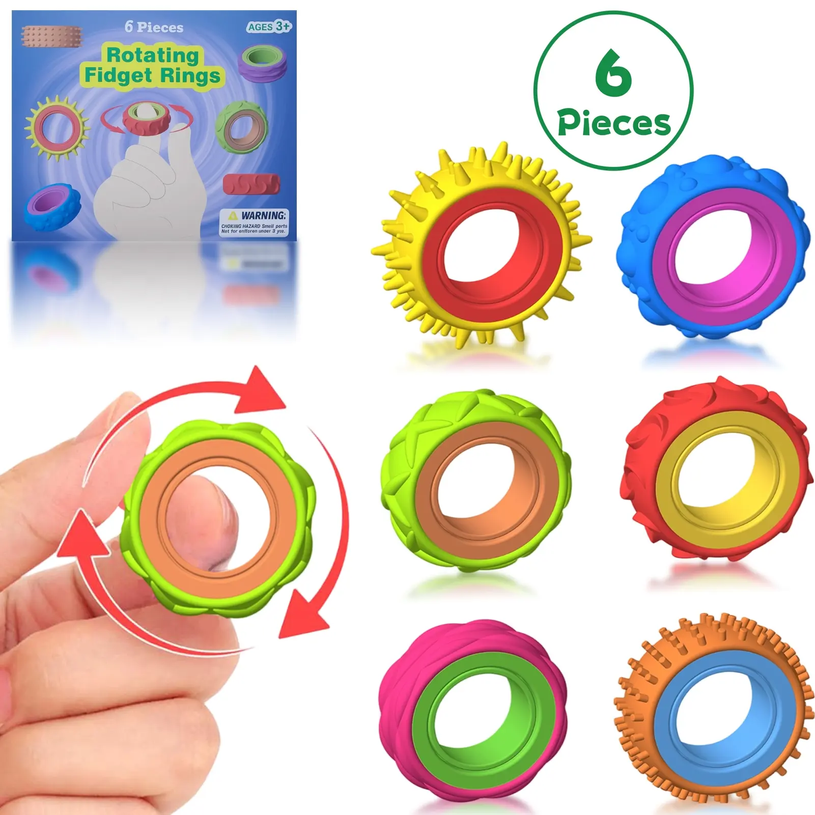 6-Piece Kids Stress Relief Rotating Ring Set, Stress Rings, Stress ...