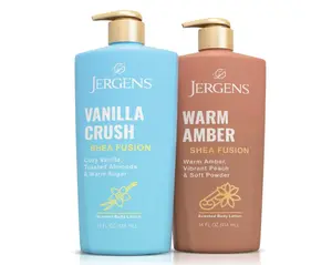 Jergens Shea Fusion Body Lotion Dual Pack, Moisturizer with Shea Butter and Vitamin E, Vanilla Crush 14 fl oz and Warm Amber 14 fl oz, Pack of 2
