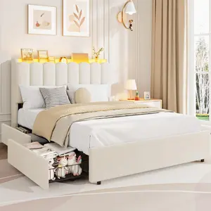 Garvee LED Full Size Bed Frame with Storage Headboard, Upholstered Platform Bed with 2 Drawers, Chic Wavy Headboard with Bookcase, No Box Spring Needed, White