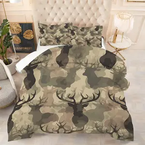 2/3Pcs Camouflage Deer Head Silhouette Pattern Comforter Set, Outdoor Hunting Style Bedding Set, Soft and Cozy Quilted Bedspread,Perfect for Creating A Vintage Atmosphere In Your Bedroom or Room, Including 1 or 2 Pillowcases, No Pillow Core