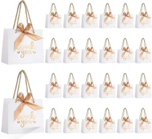 50 Pack Small Thank You  Bags with Handles, White Mini Party Favor Bags 5.5''x 2.5''x4.7'', Mini  Bags Bulk with Bow Ribbon for Valentine's Day, Bridal, Wedding,  Shower