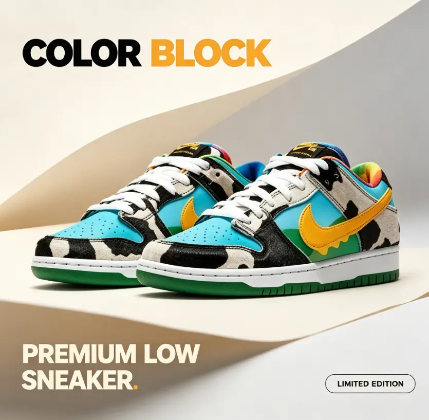 Color block low top skate sneakers built with mixed suede leather upper, vibrant multi‑tone cow print color blocking, classic flat‑sole silhouette, great for streetwear fits and modern daily urban outfit styling