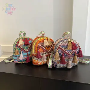 Women's Bohemian Tassel Mini Backpacks - Ethnic Woven Lightweight Crossbody Bag, Colorful Tribal Print, Camping & Hiking Casual Daypack